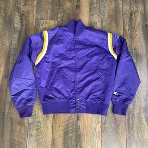 Vintage Starter NBA Authentics Blank Satin Bomber Jacket Purple Gold USA Small